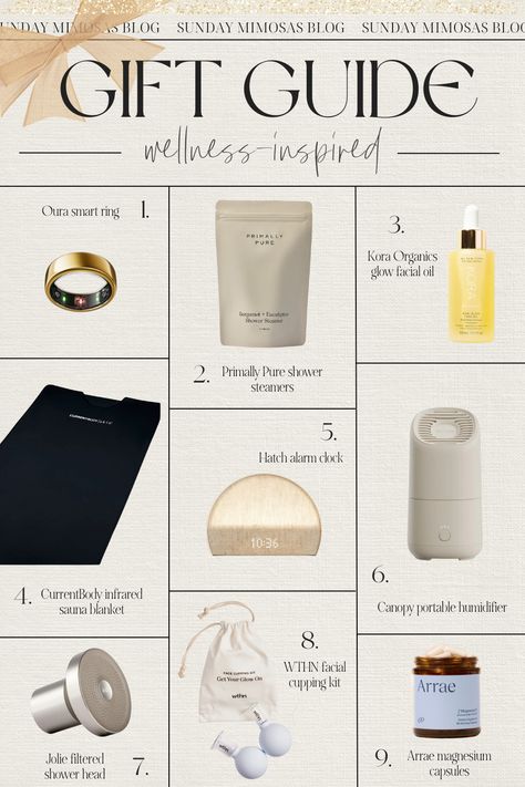 BEST Wellness Gifts for women this holiday season! This is our first holiday gift guide 2024 that we're posting! In this self care & wellness gift guide, we're sharing the top health and wellness gifts including the CurrentBody infrared sauna blanket, the Hatch alarm clock, the Oura ring, our favorite facial cupping kit and more! Check out our latest post for more Christmas gift ideas for everyone on your list. Must Have Self Care Items, Self Care Wishlist Ideas, Gift Guide Design Layout, Wellness Christmas Gifts, Wellness Gifts For The Festive Season, Christmas Self Care Gift Ideas, Wellness Gift Guide, Wellness Post Ideas, Health And Wellness Gifts