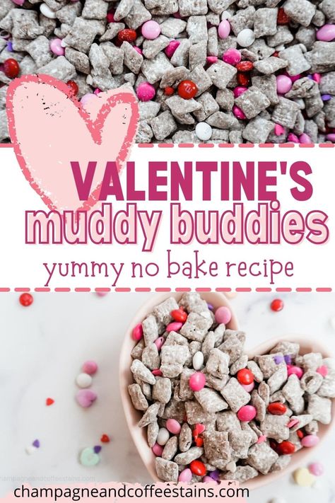 Valentine's Day Muddy Buddies are an easy and fun no bake dessert that's perfect for the holidays! Easy Valentines Snacks, Puppy Chow Chex Mix Recipe, Puppy Chow Recipe, Muddy Buddies Recipe, Chow Recipe, No Bake Recipe, Valentines Snacks, Puppy Chow Recipes, Valentines Baking