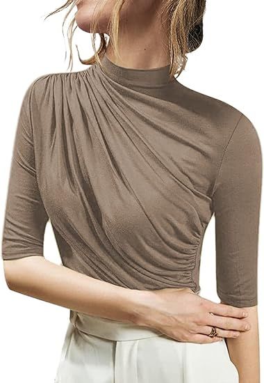 SOFIA'S CHOICE Women's Mock Neck Half Sleeve Top Slim Fit Turtleneck Ruched T-Shirts Green Large at Amazon Women’s Clothing store Turtleneck T Shirt, Half Sleeve Tops, Fitted Turtleneck, Womens Turtleneck, Mock Neck Top, Amazon Women, Mock Neck, Half Sleeves, Sofia