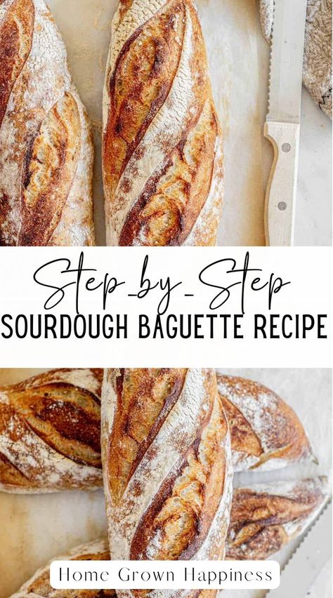 Making this sourdough baguette recipe is not that hard, and if you read on, you will see. This recipe for step-by-step sourdough baguettes will show you how to make these delicious French baguettes at home without commercial yeast! Sourdough Baguette Recipe With Starter, Baguette Sourdough, Sourdough Baguette Recipe, Sourdough Ideas, Sourdough Baguettes, Sourdough Crust, French Baguette Recipe, Sourdough Baguette, Recipe Using Sourdough Starter