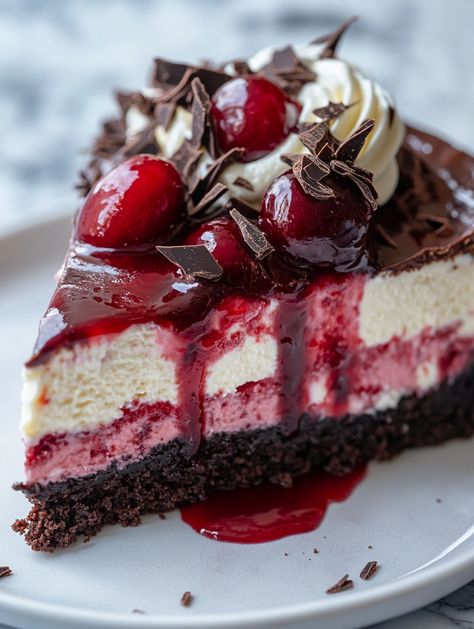 Black Forest Cheesecake Extravaganza  🍒 𝗜𝗻𝗴𝗿𝗲𝗱𝗶𝗲𝗻𝘁𝘀 🍒 🌟 For the Crust: 1 ½ cups crushed chocolate cookies ¼ cup melted butter 🍰 For the Cheesecake Filling: 3 (8 oz) packages cream cheese, softened 1 cup sugar 1 tsp vanilla extract 3 large eggs ½ cup sour cream ¼ cup cocoa powder 🍒 For the Topping: 1 can cherry pie filling Black Forest Cheesecake Cake, Blackforest Cheesecake Recipes, Black Forest Cheesecake Recipe, Black Forest Dessert, Cheesecake With Blackberry Topping, Cheesecake Blackberry, Black Forest Cherry Cheesecake, Blue Bowl Black Forest Cheesecake, Black Forest Cheesecake