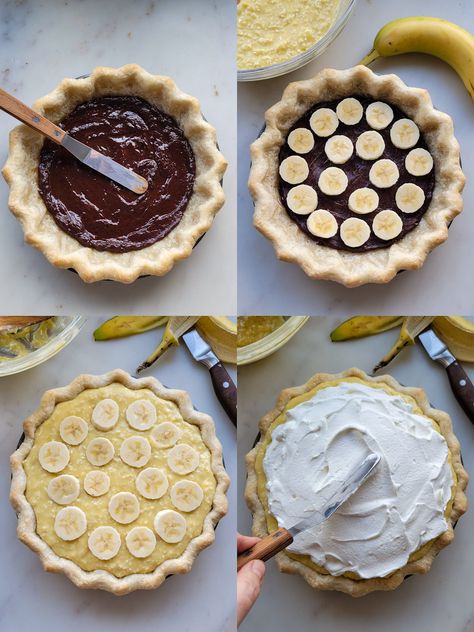 Black Bottom Banana Coconut Cream Pie | The Lemon Apron Chocolate Banana Coconut Cream Pie, Black Bottom Coconut Cream Pie, Black Bottom Banana Cream Pie, Coconut Banana Cream Pie, Banana Coconut Cream Pie, Chocolate Banana Cream Pie, Banana Pie, Pie Crumble, Coconut Pie