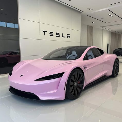 Car Aesthetic Tesla, Pink Car Aesthetic, Pink Tesla, Pink Hour, Tesla Motor, Preppy Car, Tesla X, Pink Cars, Car Dream