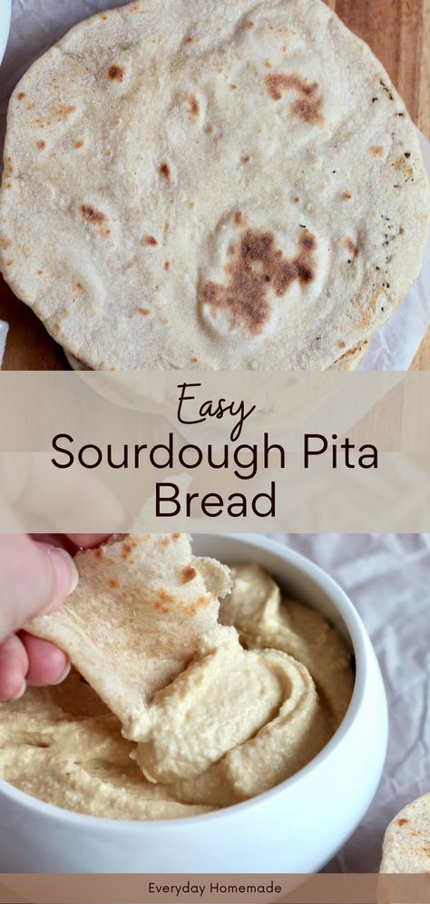 Whip up these soft, Easy Sourdough Pita Bread pockets using sourdough starter discard! This no-yeast, no-knead recipe is perfect for busy days - ready the same day and cooked quickly on the stovetop in a skillet. Freezer-friendly for convenience, enjoy it with hummus, salads, or as a sandwich wrap. Discard Pita Bread, Sourdough Pita Bread Recipe, Sandwich Pockets, Sourdough Pita Bread, Sourdough Tortillas Recipe, Sourdough Pita, Homemade Sourdough Bread Recipes, Pita Recipe, Sourdough Starter Discard