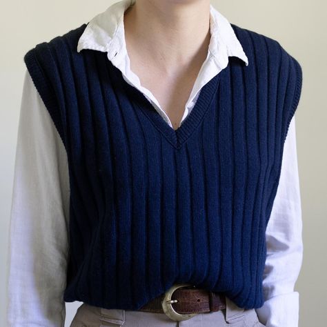 Vintage Blue Sweater Vest Absolute favorite vintage... - Depop Navy Sweater Vest Outfit, Light Blue Vest Outfit, Ravenclaw Academia, Blue Academia Aesthetic Outfit, Blue Academia Outfits, Blue Sweater Vest Outfit, Navy Blue Vest Outfit, Blue Knitted Vest, Blue Vest Outfit