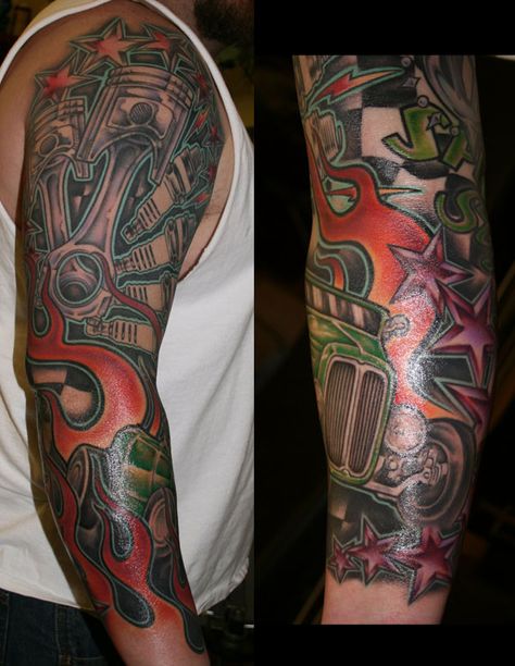 Hot Rod Tattoo, Skull Art Tattoo, Mechanic Tattoo, Design Drawings, Tattoo Sleeve, Tattoo Design Drawings, Sleeve Tattoo, Muscle Car, Skull Art