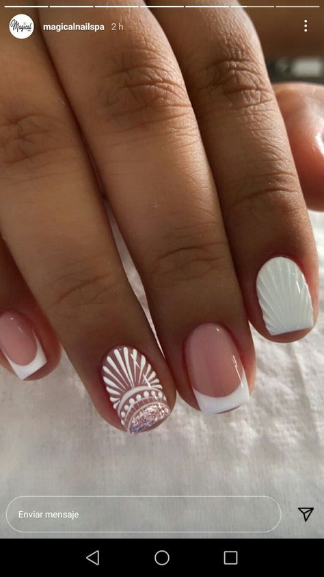 Mermaid Nail Designs For Short Nails, Short Gel Nails Vacation, Disco Bride Nails, Seashell French Tip Nails, Boho Toe Nails, Elegant Cruise Nails, Boho Inspired Nails, Beach French Nails, Peaceful Nails