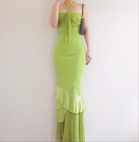 Ruffle Gown, Vintage Fairy, Vintage Fairies, Fairy Light, Gown Prom, Green Prom Dress, Green Silk, Silk Chiffon, Fairy Lights