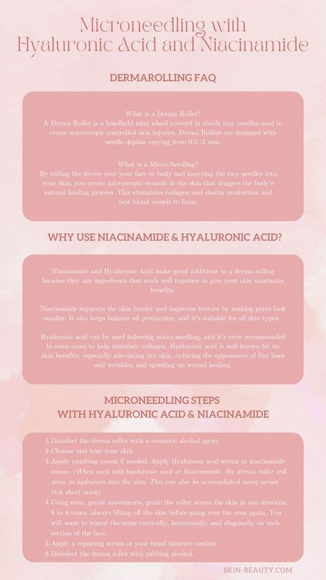 How to use hyaluronic acid and niacinamide while derma rolling and microneedling. #microneedling #dermarolling #dermaroller #niacinamide #hyaluronicacid Derma Rolling, Facial Scars, Micro Needling, Laser Resurfacing, Niacinamide Serum, Top Skin Care Products, Derma Roller, Beauty Remedies, Hyaluronic Acid Serum