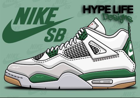 Illustration Wall Art - Nike Air Jordan 4 SB Pine Green - Illustration Poster A4, A3 or A2 As I didn't manage to get this pair on the retail drop, I illustrated my own for print 😊. Load of interest came in for this to be printed so finally managed to get it out there to order.  The Nike Air Jordan 4 SB pairs are Hyped as the most comfy pair of 4's so the model tweaks had to be captured in this illustration.  Printed and shipped rolled in a postal tube. Available in A4, A3 or A2 in size, an unfr Jordan Posters Shoes, Jordan 4 Painting, Jordan 4 Cartoon, Jordan 4s Drawing, Jordan Illustration, Nike Illustration, Shoes Sketch, Jordan Poster, Jordan 4 White