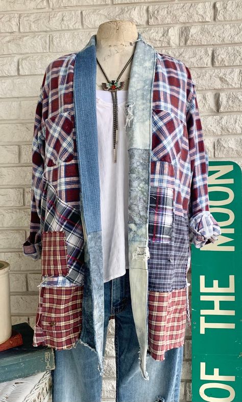 Reworked Flannel Jacket Remade Refashioned Sustainable Vintage - Etsy Flannel Refashion, Flannel Upcycle, Flannel Shirt Refashion, Reworked Flannel, Slow Clothing, Reuse Clothes, Reworked Clothes, Reworked Clothing, Upcycled Dress