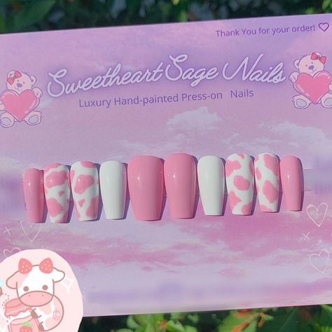 Strawberry Milk Cow Nails, Strawberry Cow Nails, Nail Branding, Strawberry Milk Cow, Milk Nails, Strawberry Cow, Cow Nails, Cow Milk, Pink Strawberry