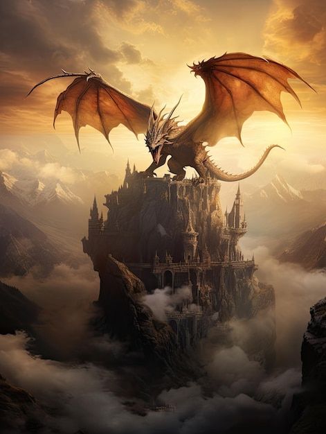 Photo a castle in the sky with a dragon ... | Premium Photo #Freepik #photo Dragon On Castle, A Castle In The Sky, Dark Castle, Gothic Fantasy Art, Beautiful Dragon, Castle In The Sky, Fantasy Castle, Dragon Artwork, House Of Dragons