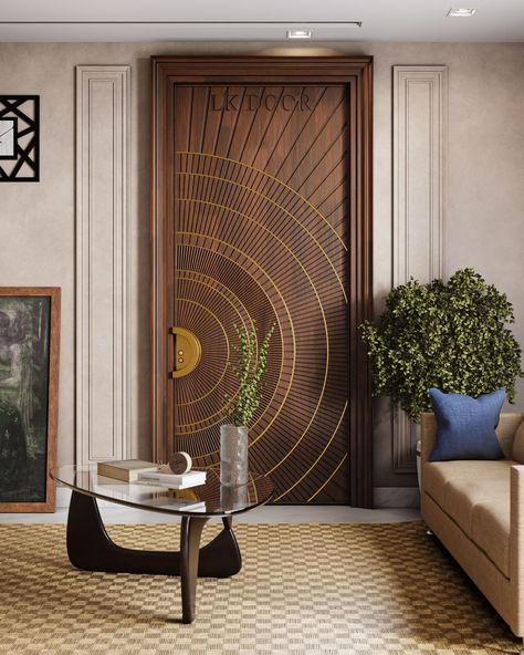 Solid Wood Door with Circular Pattern & Metal Inlay  Upgrade your home with this solid wood door featuring a unique circular pattern and refined metal inlays. This design adds a modern twist to classic craftsmanship, offering both visual appeal and durability. Perfect for making a statement in any room. 🌟🏠✨  📞 (+91) 8447141141  #SolidWoodDoor #CircularPattern #MetalInlay #ModernDesign #HomeDecor #InteriorElegance #QualityCraftsmanship #LKDoor Main Doors, Solid Wood Door, Front Door Design Wood, Doors Interior Modern, Entrance Door Design, Door Design Modern, Solid Wood Doors, Door Designs, Front Door Design