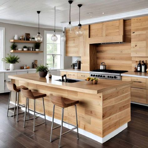 25 Kitchen Island Back Panel Ideas You’ll Love (2024) Shiplap Kitchen Island With Oak Cabinets, Wood Plank Kitchen Island, Kitchen Island Tile Back Panel Ideas, Island Back Panel Ideas, Kitchen Island Back Panel, Kitchen Island Back Panel Ideas, Kitchen Island Back, One Wall Kitchen With Island, Kitchen Island Panels