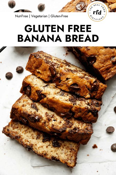 Soft and tender with just enough sweetness, this Gluten-free Banana Bread is sure to please. It's made with gluten-free baking flour, less sugar, perfectly overripe bananas, and of course, we couldn't resist tossing in chocolate chips. Perfect for serving as part of a breakfast or enjoying with a cup of coffee or as an afternoon snack. Banana Bread With Chocolate Chips, Banana Bread With Chocolate, Gluten Free Banana Bread Recipe, Bread With Chocolate Chips, Banana Recipes Overripe, Bread With Chocolate, Banana Bread Ingredients, Gluten Free Banana Bread, Moist Banana Bread