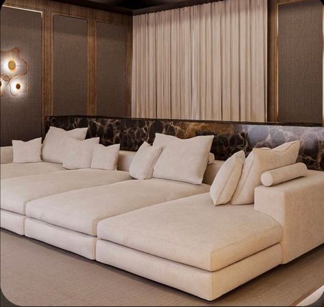 Boho Cinema Room, Sofa For Home Theater, Chaise Couch Living Room Layout Cozy, Theater Room Seating Ideas, Movie Room Couch, Home Theater Ideas Living Room, Basement Cinema Room, Small Media Rooms, Modern Home Theater