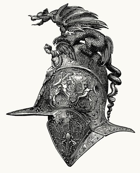 Helmet (Italian department)    From The great Centennial exhibition critically described and illustrated, by Phillip T. Sandhurst, Philadelphia and Chicago, circa 1876.    (Source: archive.org) Dragon Helmet, Helmet Illustration, Medieval Tattoo, Armor Drawing, Ancient Armor, Historical Armor, Knight Armor, Medieval Armor, Medieval Knight