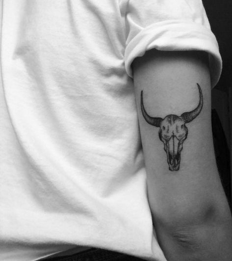 Bull With Horns Tattoo, Longhorn Tattoo Back Of Arm, Longhorn Skull Tattoo Men, Long Horn Cow Skull Tattoo, Steer Skull Tattoo For Women, Small Western Tattoos For Men, Longhorn Tattoo For Men, Bull Skull Tattoo Women, Longhorn Skull Tattoo Women