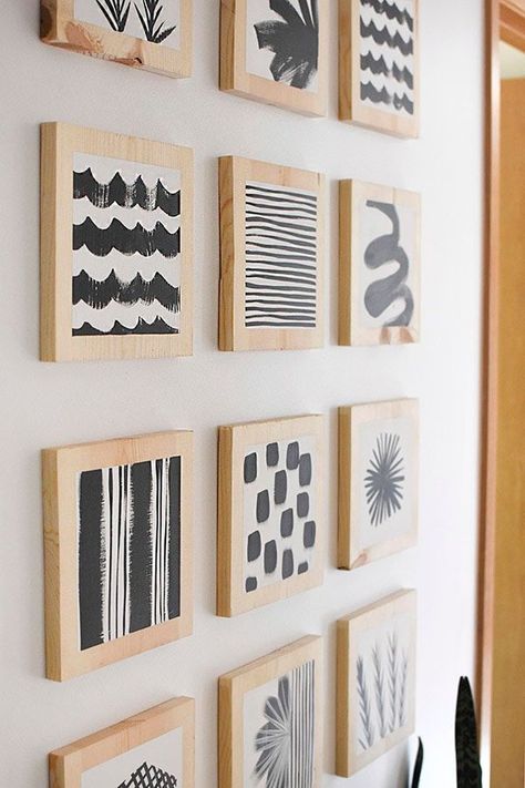 Learn how to make flush DIY Wood Block Art to hang in your home.  A simple DIY project that brings a big look with very little expense. Delineate Your Dwelling Hallway Update, Wood Block Art, Hallway Gallery Wall, Cuadros Diy, Block Art, Black And White Art, Decor Minimalist, Simple Diy, Anime Angel