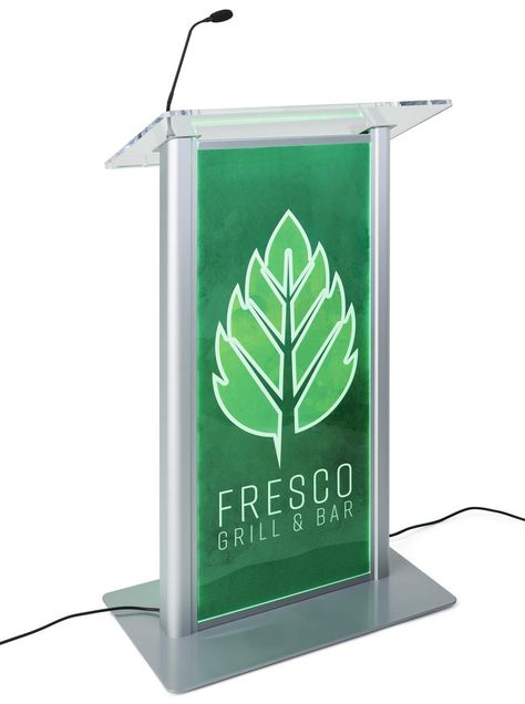 Illuminated Podium for Floor, Front LED Lights, Clear Panel, Custom Graphic - Silver Floor Standing Light, Corporate Event Design, Events Place, Color Lights, Color Changing Led, Art Template, Custom Graphics, Business Presentation, Different Light