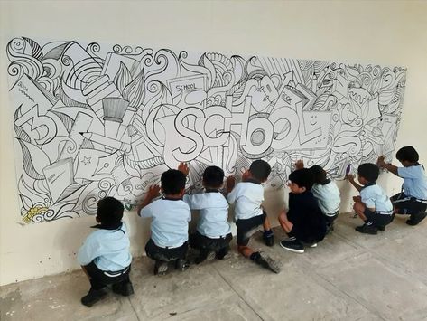 Special Education Wall Mural, High School Wall Murals, Doodle Wall Painting Ideas, School Wall Mural Ideas, School Art Exhibition Ideas, Murals For School, School Mural Ideas, Collaborative Mural, School Exhibition