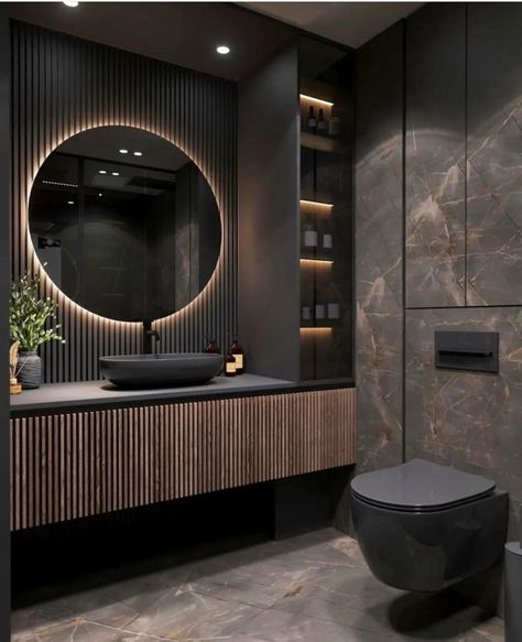 25 Dark Bathroom Ideas: Inspiration for Modern Bathroom Design in Dark Tones and Minimalist Style - placeideal.com Dark Bathroom Ideas Modern, Dark Modern Bathroom, Modern Bathroom Colours, Bathroom Finishes, Small Bathroom Styles, Best Bathroom Paint Colors, Moody Bathroom, Dark Bathroom Ideas, Dark Bathroom