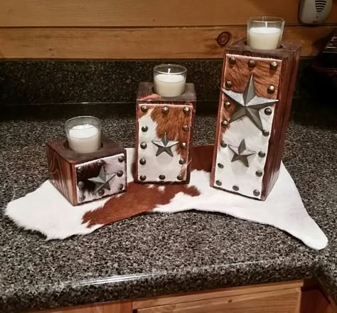 Cow Print Decor Diy, Cowhide Crafts Diy, Cow Hide Crafts, Western Crafts Diy, Western Christmas Decorations, Western Candle Holders, Western Candles, Cowhide Decor, Homemade Wedding Gifts