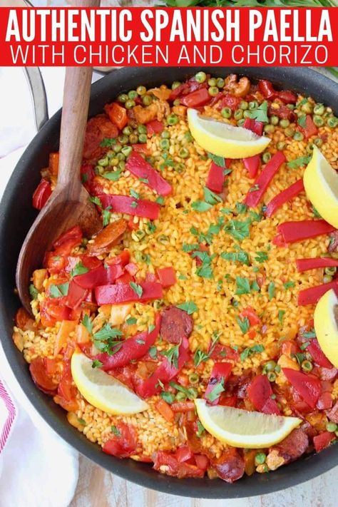 This traditional Spanish paella recipe is filled with spices, chicken, chorizo & peppers to create an incredibly flavorful meal that's surprisingly easy to make in just one pan! Authentic paella from Spain usually includes seafood, but in this recipe, we're trading in the shrimp and clams for chicken thighs and Spanish chorizo. I promise, you won't miss the seafood in this wonderfully flavorful dish. But just in case you do, I've included instructions for how to add your favorite seafood! Chicken Paella Recipe Spanish, Paella Chicken And Shrimp, Best Paella Recipe Authentic, Chicken Paella Recipe Easy, Pialla Recipes, Paella Recipe Authentic, Traditional Spanish Paella Recipe, Easy Spanish Paella Recipe, Chicken And Chorizo Paella Recipe