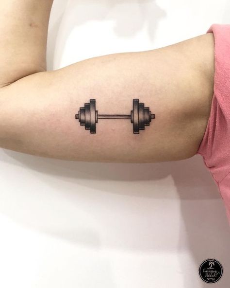 Gym Dumble Tattoo Designs, Barbell Tattoo Ideas, Dumbbell Tattoo Design, Gym Related Tattoos, Barbell Tattoo Ideas For Women, Dumbell Tattoo, Barbell Tattoo, Gym Tattoo Ideas, Dumbbell Tattoo