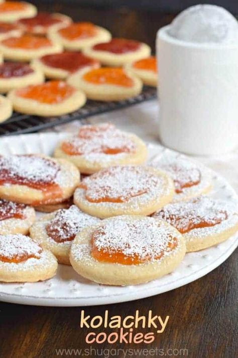 These Kolachky Cookies have a melt in your mouth cookie base and are topped with sweet preserves. Don't forget the extra powdered sugar! Bake for your cookie exchange! Kolachky Cookie Recipe, Polish Baking, Kolache Recipe, Jelly Cookies, Cookie Base, Shugary Sweets, Buttery Shortbread Cookies, Biscuit Recipes, Chewy Sugar Cookies