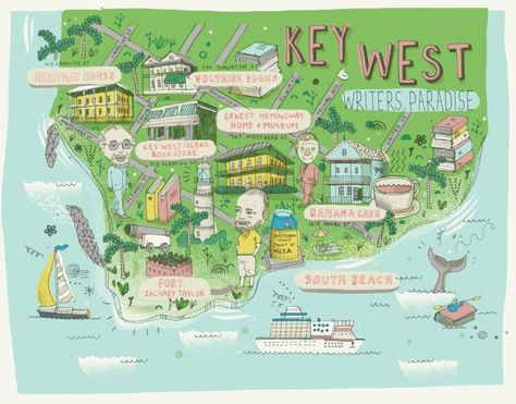 "Key West Map"  ~~  Art Illustration by ~James Gulliver Hancock~     |Map of Key West in Florida showing hemingway and his mates hanging around in the good old days. 2010| Key West Map, Map Art Illustration, West Map, Iconic Buildings, Sicily Italy, Illustrated Map, Florida Keys, Freelance Illustrator, The Good Old Days