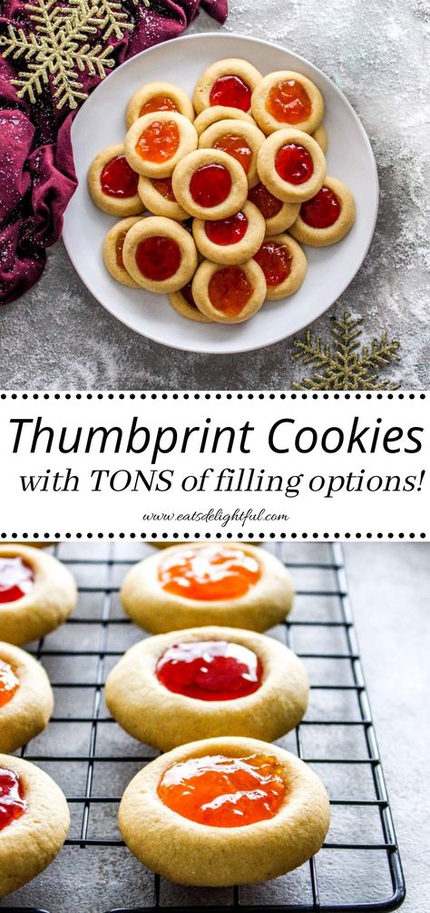 Two stacked images: thumbprint cookies in plate (top image) and thumbprint cookies on wire rack (bottom image) Thumbprint Cookies Recipes, Thumb Cookies, Thumb Prints Cookies, Fingerprint Cookies Thumb Prints, Fingerprint Cookies, Easy Thumbprint Cookies, Halloween Thumbprint Cookies, Easy Thumb Print Cookies Recipes, Apricot Thumbprint Cookies Recipe