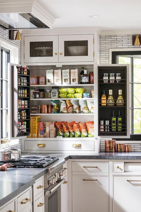 White cabinets accented with metal mesh doors are located above a well organized snack cabinet fitted with spice racks built into the doors and finished with brass hardware. Countertop Pantry Cabinet, Studio Dearborn, Countertop Pantry, Sarah Robertson, Kitchen New York, Farmhouse Modern, Kitchen Pantry Cabinets, Transitional Kitchen, Pantry Cabinet