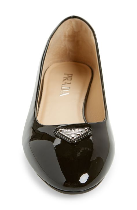 A rounded toe nods to the ballerina-inspired design of this patent leather flat topped with signature triangle hardware and balanced on a low block heel. Leather upper and lining/synthetic sole Made in Italy Women's Designer Shoes Gift Logo, Prada Logo, Low Block Heels, Footwear Design Women, Fabric Gift Bags, Ballerina Flats, Flats Top, Healthy Relationships, Womens Flats