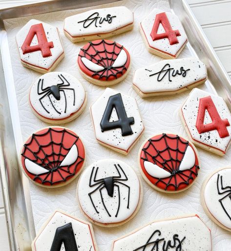 Spider Man Cookies Boy Birthday, Spiderman Deserts, Spider-man Cookies, Spiderman Cookies Decorated, Spider Man Cookies, Spiderman Cookies, Spiderman Birthday Party Decorations, Spiderman Birthday Party, Man Cookies