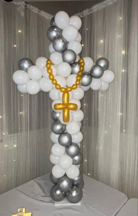 #religiousballoon #balloondecor #baptism #confirmation #firstholycommunion #ballooncenterpiece #centerpiece Balloon Rosary, Cross Balloons, Balloon Cross, Communion Decor, Balloons Design, 1st Communion, Balloon Centerpieces, Balloon Design, Rosary Beads