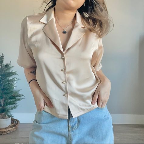 Luxurious Satin Top, Cream Silk Satin Blouse, satin Button Down, Pearl Button Cream Satin Blouse, Embroidered Tee Shirt, Blouse Satin, Purple Tee, Casual Maternity, Simple Blouse, Embroidered Tee, Cream Silk, White Chiffon