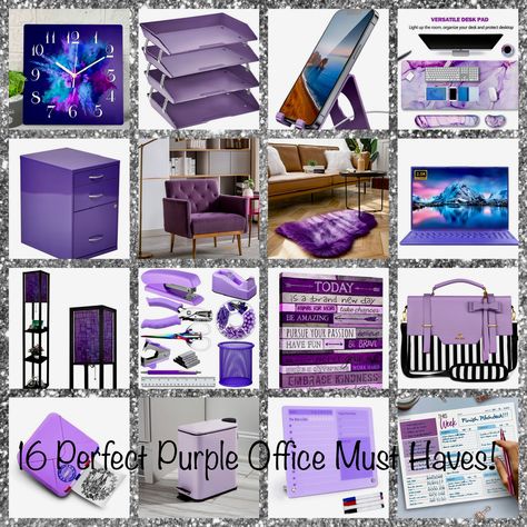 For all those purple people that love the color and want to add a splash or dash of purple to thier office these items are a must! Purple Office Ideas, Purple Office Decor, Purple Home Office, Cute Cubicle Decor, Cute Cubicle, Office Must Haves, Purple Desk, Purple Office, Purple Room Decor