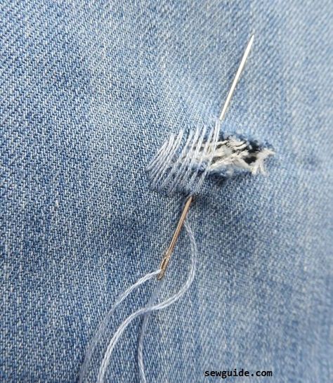 How to fix holes in Jeans : 10 ways to repair ripped & torn jeans - SewGuide Sewing A Hole In Jeans, Stitch Hole In Jeans, Mending A Hole In Jeans, Sew Hole In Jeans, Stitching Jeans Hole, How To Stitch Jeans Hole, Repairing Jeans With Holes, Darning A Hole In Jeans, Jean Holes Repair