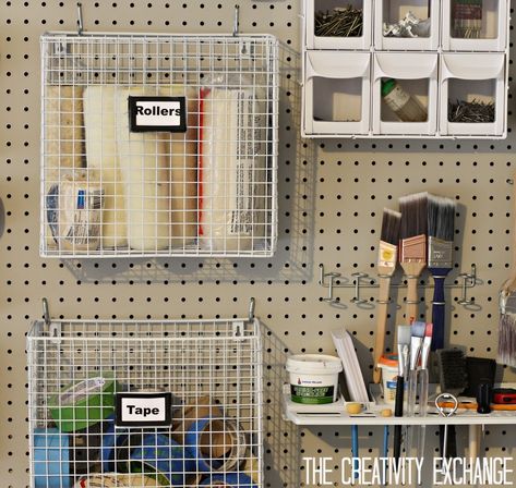 DIY Garage Pegboard Storage Wall using only 5.5 inches of Depth.  {The Creativity Exchange} Shelf Plants, Garage Organization Shelves, Pegboard Garage, Garage Organization Systems, Pegboard Storage, Garage Organisation, Pegboard Organization, Craft Storage Organization, Shed Organization