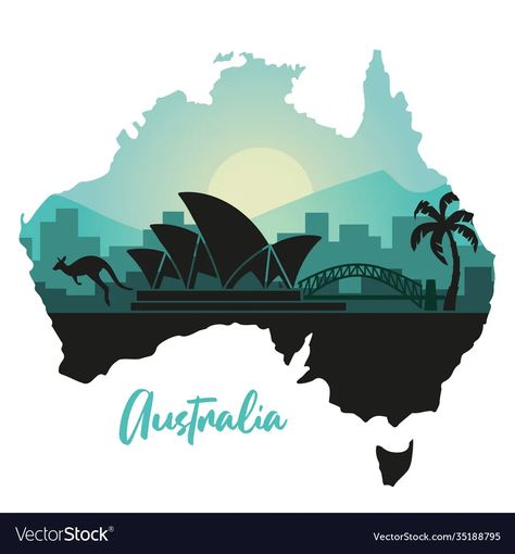 Abstract landscape australia at sunset vector image Australia Drawing Ideas, Bulle Insta, Australian Prints, Australia Drawing, Landscape Australia, Map Monde, Australia Logo, Sunset Vector, Roadtrip Australia