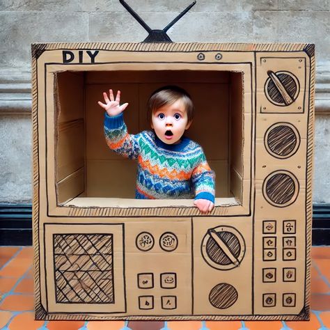 Cardboard Box TV Big Box Play Ideas, Cardboard Boats, Cardboard Tv, Cardboard Boxes Kids, Class 1b, Diy Cardboard Toys, Cardboard Play, Large Cardboard Boxes, Cardboard Houses