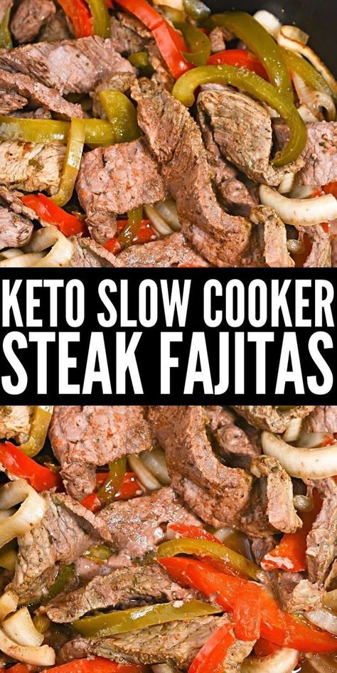 Keto Slow Cooker Steak Fajitas - These keto slow cooker steak fajitas are a fiesta on your dinner plate! Tender strips of steak with crispy bell peppers – 4 net carbs per serving! #keto #ketorecipes #ketodiet #Ketoslowcookersteakfajitas #ketoslowcooker #ketosteakfajitas #slowcookerrecipes #dinnerideas #steak #mexicanfoodrecipes #food #recipes Steak Strip Crockpot, Keto Pepper Steak Crock Pot, Keto Beef Steak Recipes, Low Carb Pepper Steak Crock Pot, Keto Steak Fajitas Low Carb, Keto Steak Crockpot Recipes, Keto Crockpot Pepper Steak, Low Carb Crockpot Meals Beef, Crockpot Beef Fajitas Slow Cooker