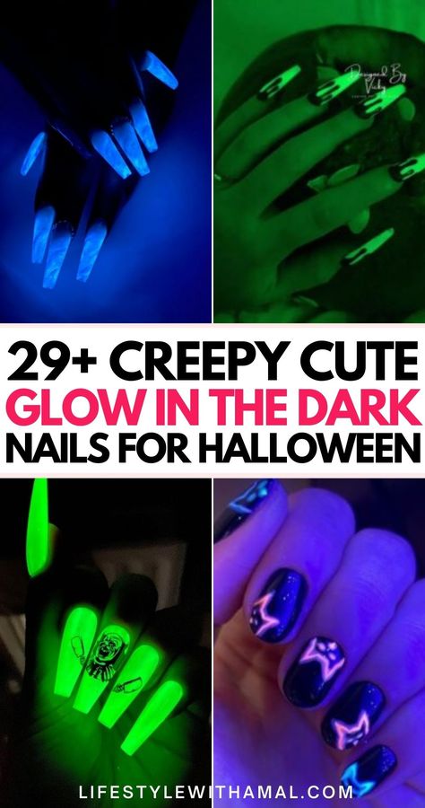 Looking for take your Halloween manicure to the next level? Try these glow in the dark halloween nails that will make heads turn! These neon Halloween nails are jaw-droppingly gorgeous and look soo cool under the blue light! Glow In The Dark Witchy Nails, Glow In The Dark Black Nails, October Nails Glow In The Dark, Glow In The Dark Ghost Nails, Halloween Glow Nails, Glow In Dark Halloween Nails, Glow In Dark Nail Designs, Glow Halloween Nails, Halloween Neon Nails