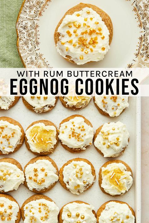 Eggnog Cookies Egg Nog Cookies Recipe, Spoon Cookies, Vegan Eggnog, Eggnog Cookies, Crinkle Cookies, Cookie Frosting, Spiced Rum, Vanilla Buttercream, Chocolate Peppermint