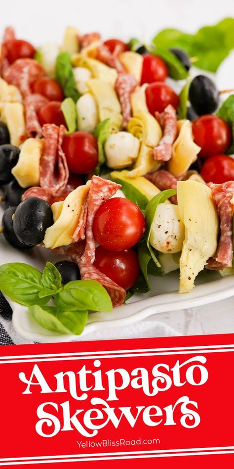 Easy to make Antipasto Skewers are like pasta salad on a stick! Made with salami, olives, artichokes, cheese, tortellini and fresh basil. Antipasto Skewers With Tortellini, Salad On A Stick, Artichoke Appetizer, Antipasto Kabobs, Tortellini Skewers, Antipasto Skewers, Pasta Salad With Tortellini, Skewer Appetizers, Veggie Skewers