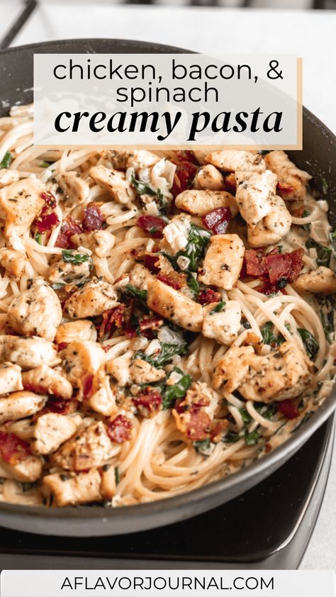 Chicken Bacon Pasta Recipes, Creamy Chicken And Bacon Pasta, Creamy Chicken And Bacon, Chicken Bacon Spinach Pasta, Chicken And Bacon Pasta, Bacon Pasta Recipes, Chicken Bacon Alfredo, Creamy Chicken Pasta Recipes, Spinach Pasta Recipes