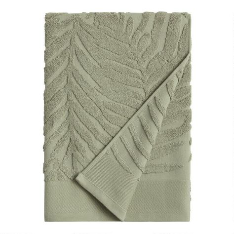 Sage Green Sculpted Palm Leaf Bath Towel - v1 Sage Towels Bathroom, Palm Bathroom Decor, Sage Bathroom Ideas Decor, Sage Green Bathroom Decor, Spring Hygge, Bathroom Revamp, Bathing Routine, Green Bathroom Decor, Bathroom Towel Decor