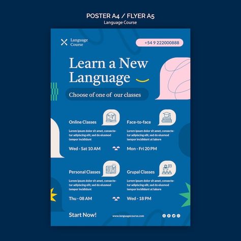 Language course vertical poster template... | Free Psd #Freepik #freepsd #class-flyer #course-flyer #learning-poster #class-poster Teaching Poster Design, Course Advertisement Design, Language Course Poster Design, English Course Poster Design, Courses Poster, Course Poster Design, Education Flyer Design, Course Flyer Design, Course Poster